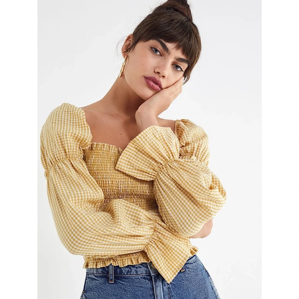 Urban Outfitters Yellow Gingham Crop Top | Size Large - Picture 1 of 8